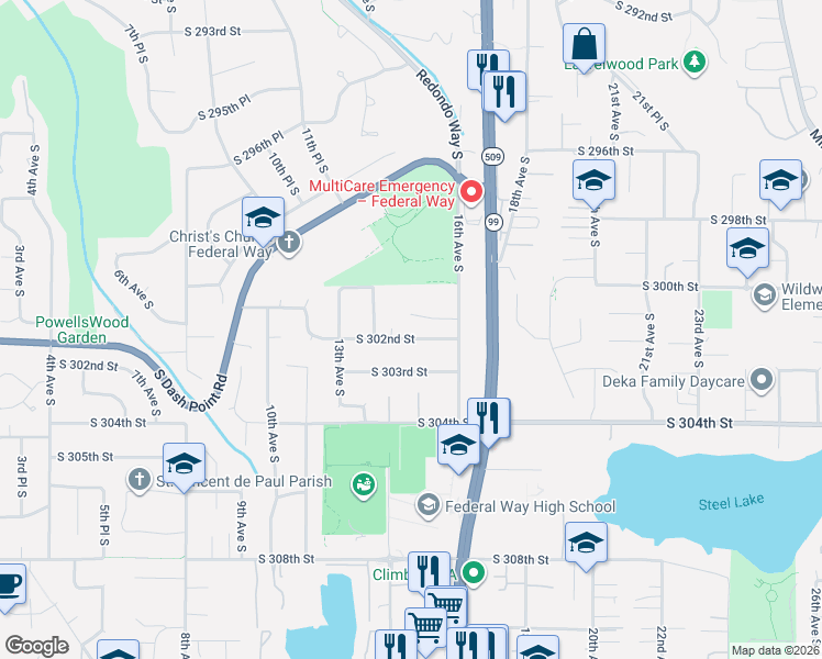 map of restaurants, bars, coffee shops, grocery stores, and more near 30011 16th Avenue South in Federal Way