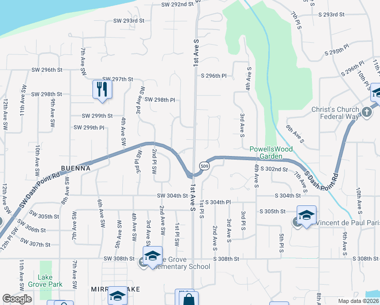 map of restaurants, bars, coffee shops, grocery stores, and more near 115 Southwest 300th Place in Federal Way