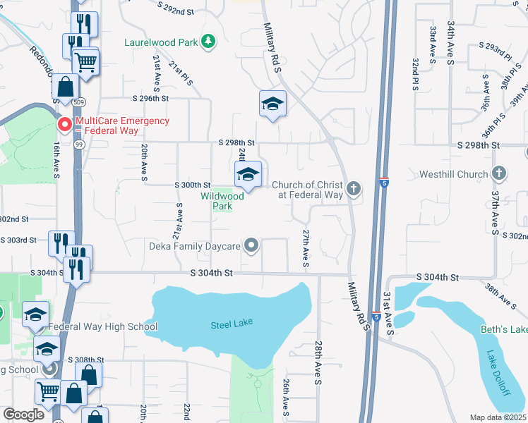 map of restaurants, bars, coffee shops, grocery stores, and more near 2405 South 300th Street in Federal Way