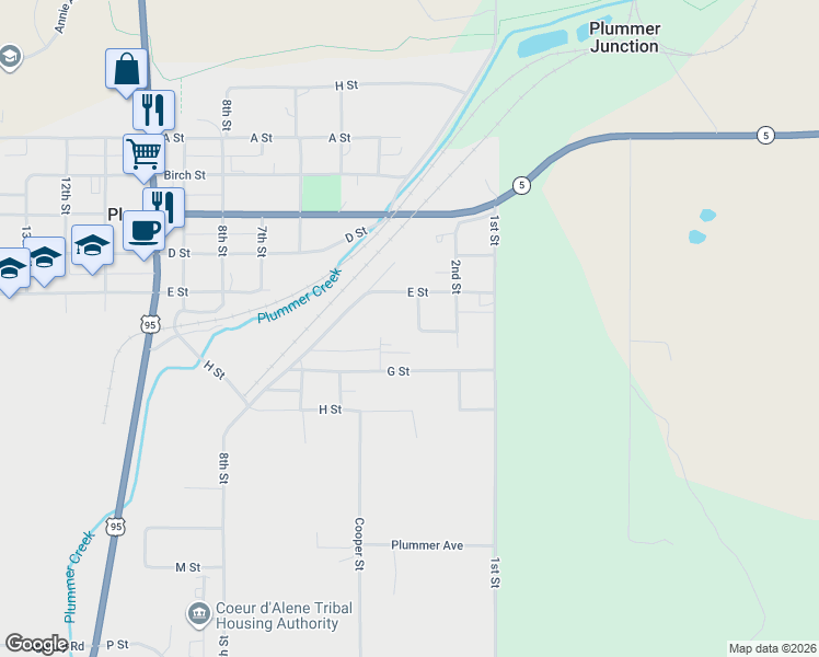 map of restaurants, bars, coffee shops, grocery stores, and more near 359 E Street in Plummer
