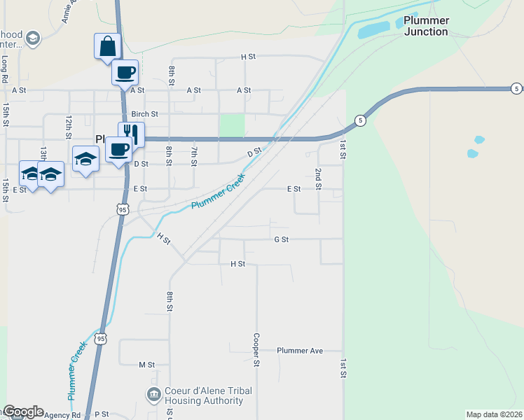 map of restaurants, bars, coffee shops, grocery stores, and more near 466 F Street in Plummer