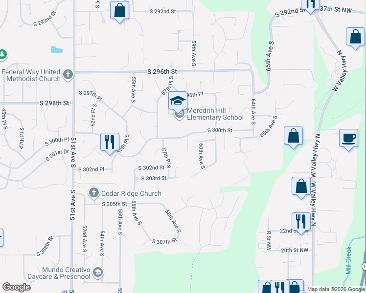 map of restaurants, bars, coffee shops, grocery stores, and more near 30019 58th Place South in Auburn