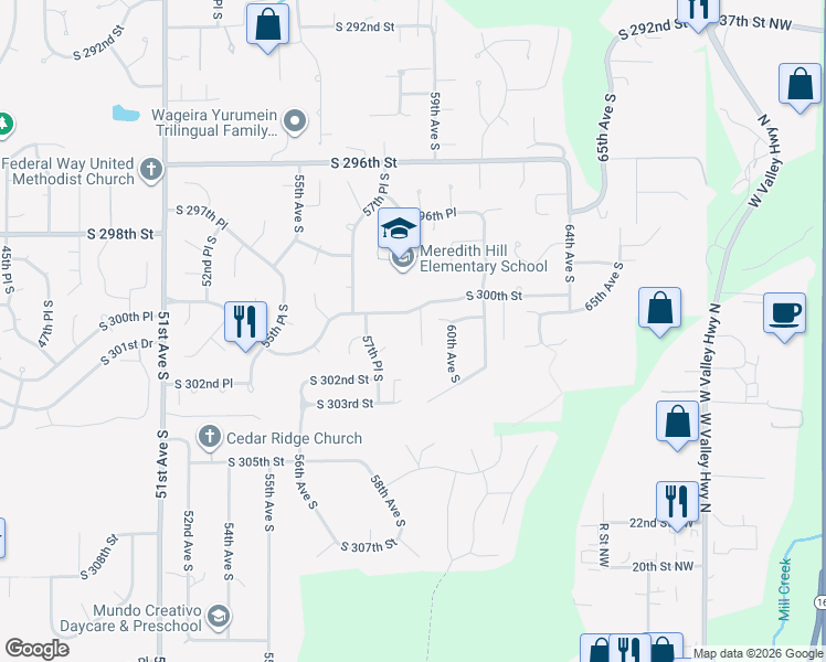 map of restaurants, bars, coffee shops, grocery stores, and more near 30019 58th Place South in Auburn