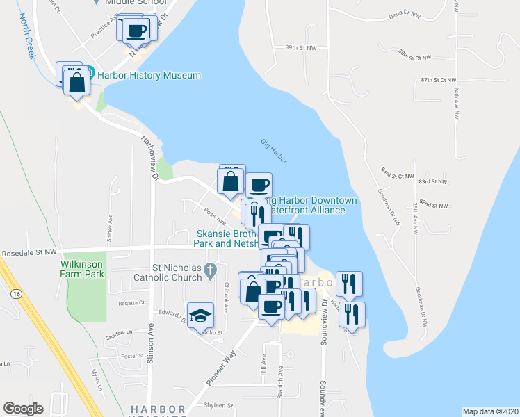map of restaurants, bars, coffee shops, grocery stores, and more near 3313 Harborview Drive in Gig Harbor