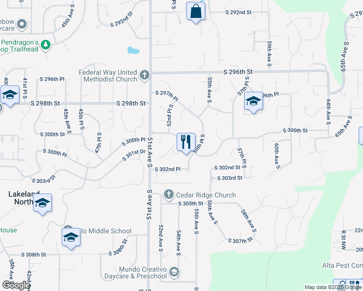 map of restaurants, bars, coffee shops, grocery stores, and more near 5311 South 300th Place in Auburn