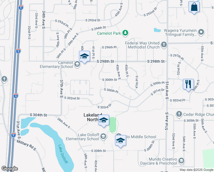 map of restaurants, bars, coffee shops, grocery stores, and more near 30020 43rd Place South in Auburn