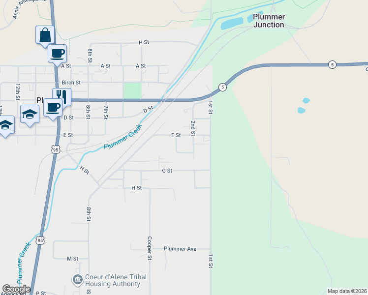 map of restaurants, bars, coffee shops, grocery stores, and more near 262 F Street in Plummer