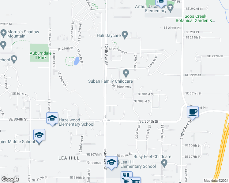 map of restaurants, bars, coffee shops, grocery stores, and more near 30032 125th Court Southeast in Auburn