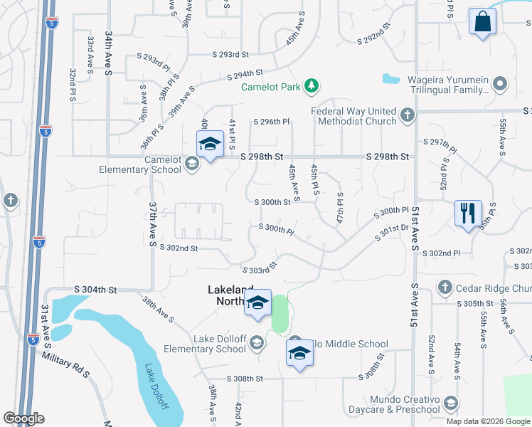 map of restaurants, bars, coffee shops, grocery stores, and more near 30020 43rd Place South in Auburn