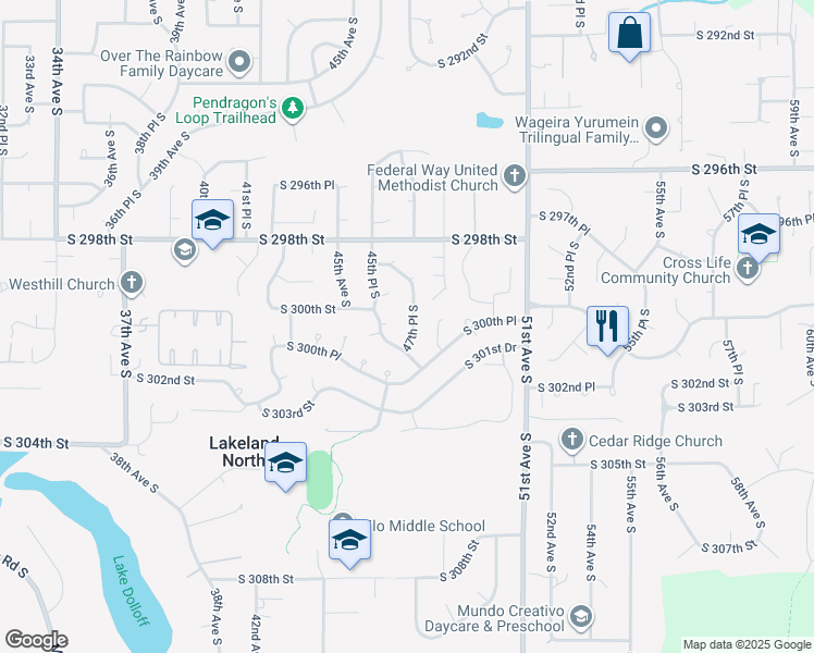 map of restaurants, bars, coffee shops, grocery stores, and more near 30019 47th Place South in Auburn