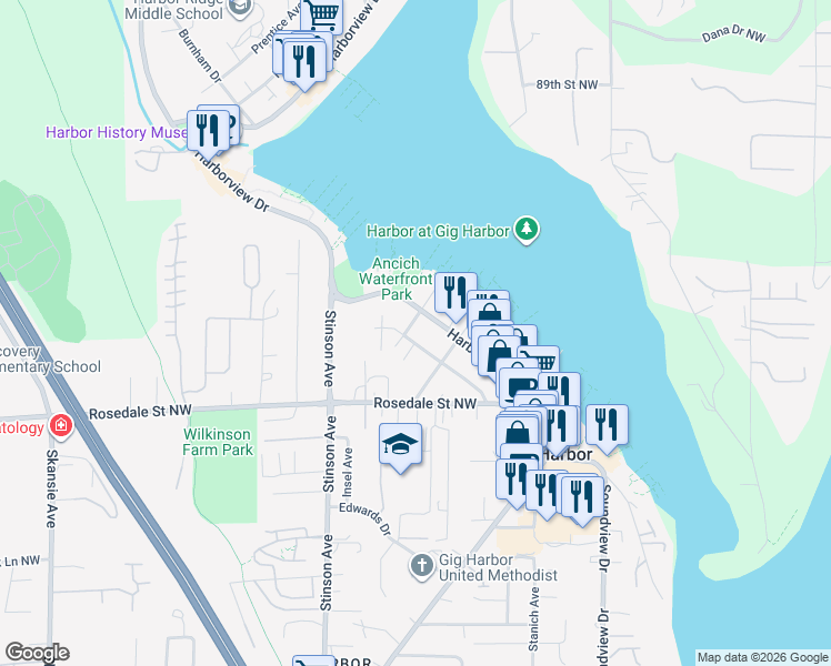 map of restaurants, bars, coffee shops, grocery stores, and more near 3515 Ross Avenue in Gig Harbor
