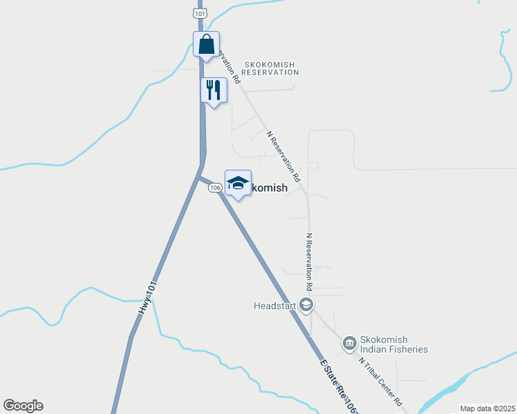 map of restaurants, bars, coffee shops, grocery stores, and more near 111 Washington 106 in Skokomish