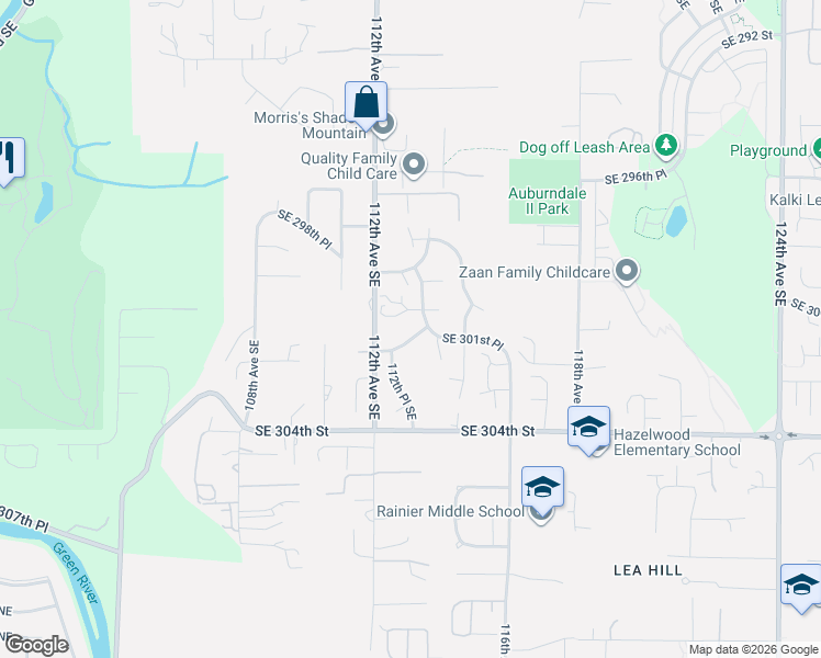 map of restaurants, bars, coffee shops, grocery stores, and more near 11322 Southeast 301st Way in Auburn
