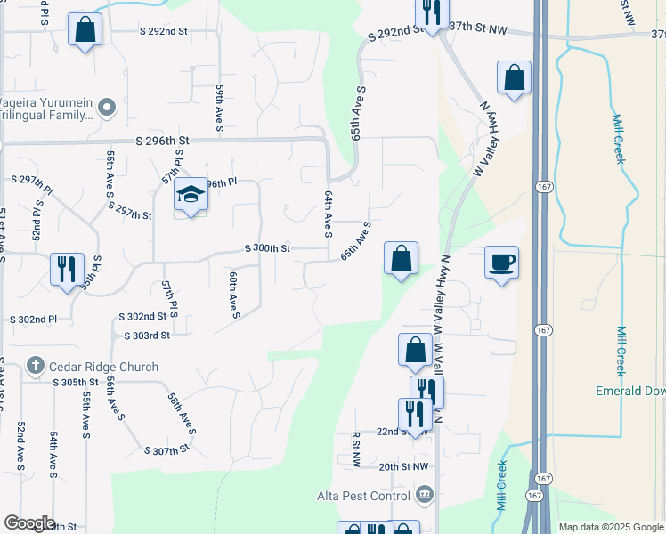 map of restaurants, bars, coffee shops, grocery stores, and more near 30172 65th Avenue South in Auburn