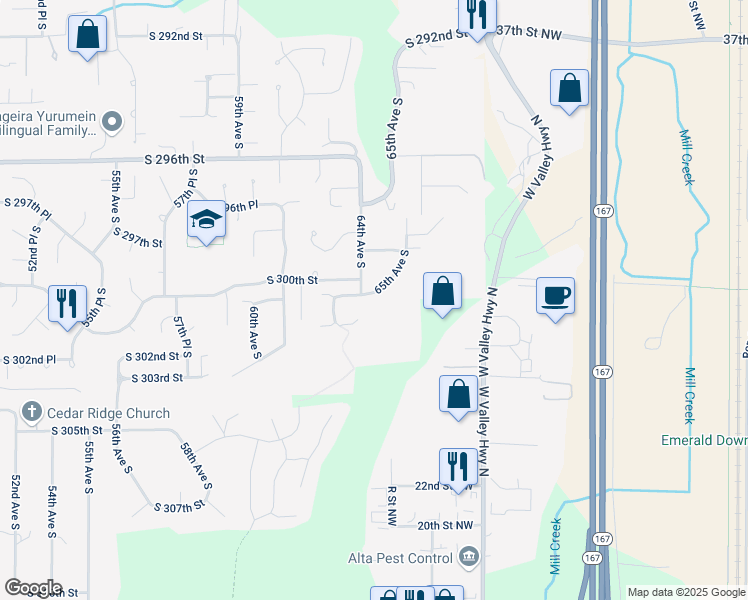 map of restaurants, bars, coffee shops, grocery stores, and more near 30172 65th Avenue South in Auburn