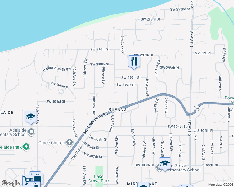 map of restaurants, bars, coffee shops, grocery stores, and more near 30024 8th Avenue Southwest in Federal Way