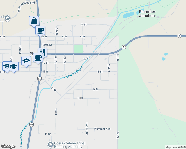 map of restaurants, bars, coffee shops, grocery stores, and more near 359 E Street in Plummer
