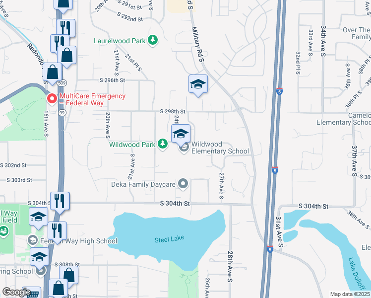 map of restaurants, bars, coffee shops, grocery stores, and more near 2405 S 300th St in Federal Way