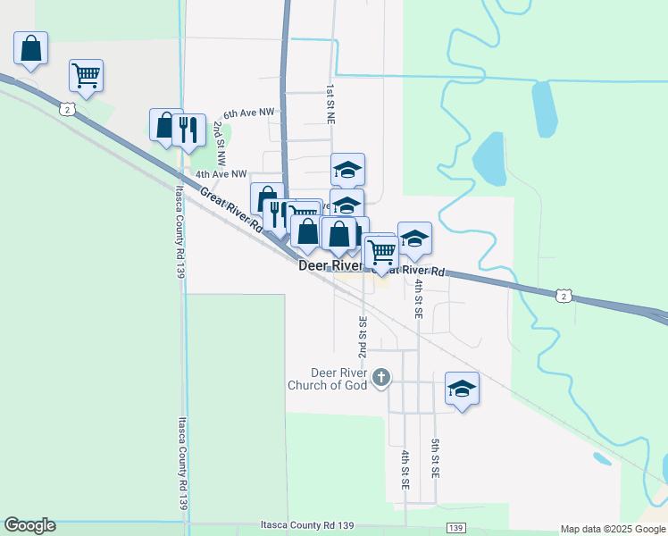 map of restaurants, bars, coffee shops, grocery stores, and more near in Deer River
