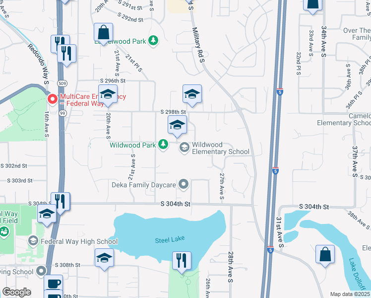 map of restaurants, bars, coffee shops, grocery stores, and more near 2405 South 300th Street in Federal Way