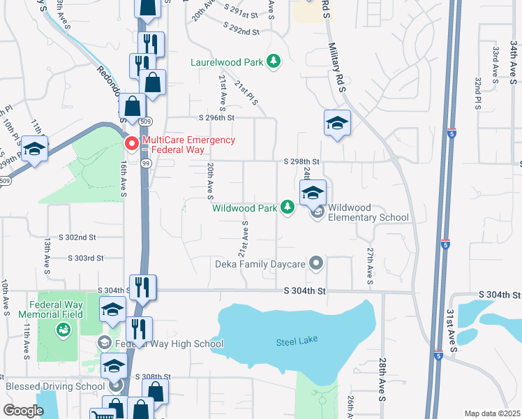 map of restaurants, bars, coffee shops, grocery stores, and more near 2209 South 300th Street in Federal Way