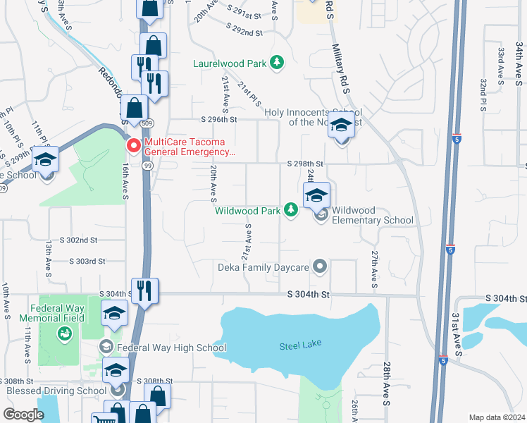 map of restaurants, bars, coffee shops, grocery stores, and more near 2209 South 300th Street in Federal Way