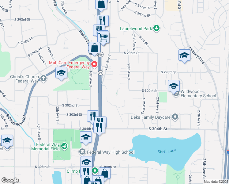map of restaurants, bars, coffee shops, grocery stores, and more near 30003 19th Avenue South in Federal Way