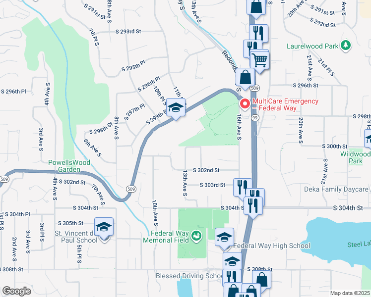map of restaurants, bars, coffee shops, grocery stores, and more near 1300 South 300th Street in Federal Way