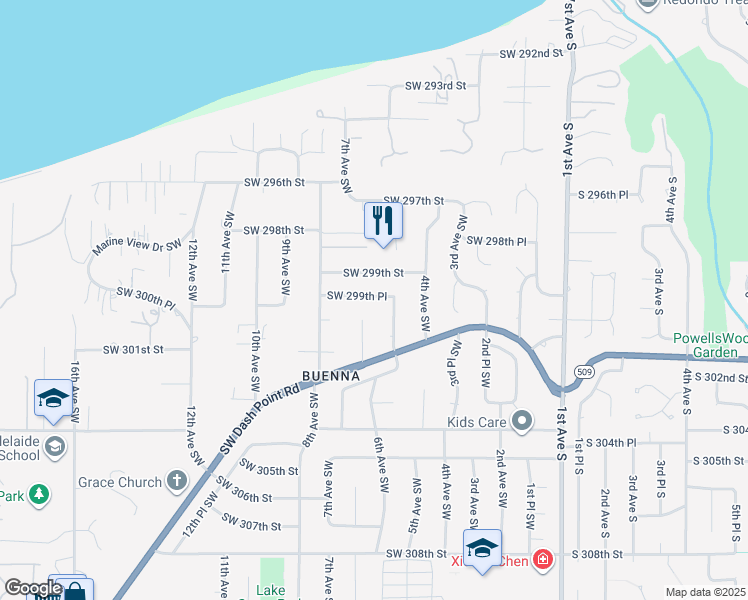 map of restaurants, bars, coffee shops, grocery stores, and more near 633 Southwest 299th Street in Federal Way