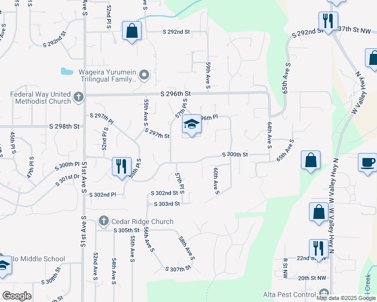 map of restaurants, bars, coffee shops, grocery stores, and more near 5830 South 300th Street in Auburn