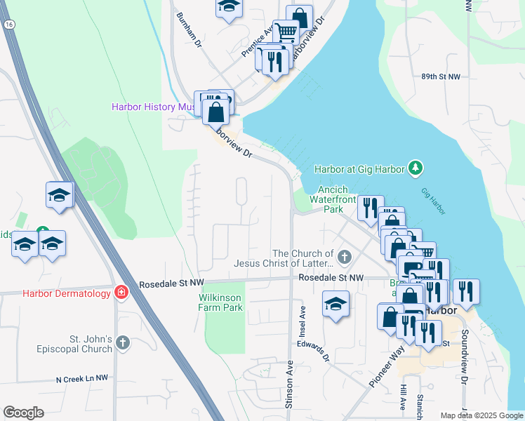 map of restaurants, bars, coffee shops, grocery stores, and more near 8317 Bayridge Avenue in Gig Harbor