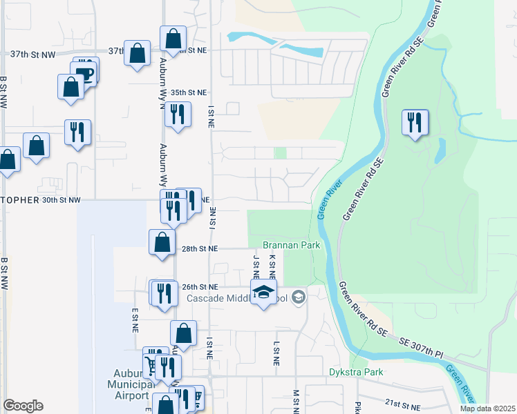 map of restaurants, bars, coffee shops, grocery stores, and more near 921 30th Street Northeast in Auburn