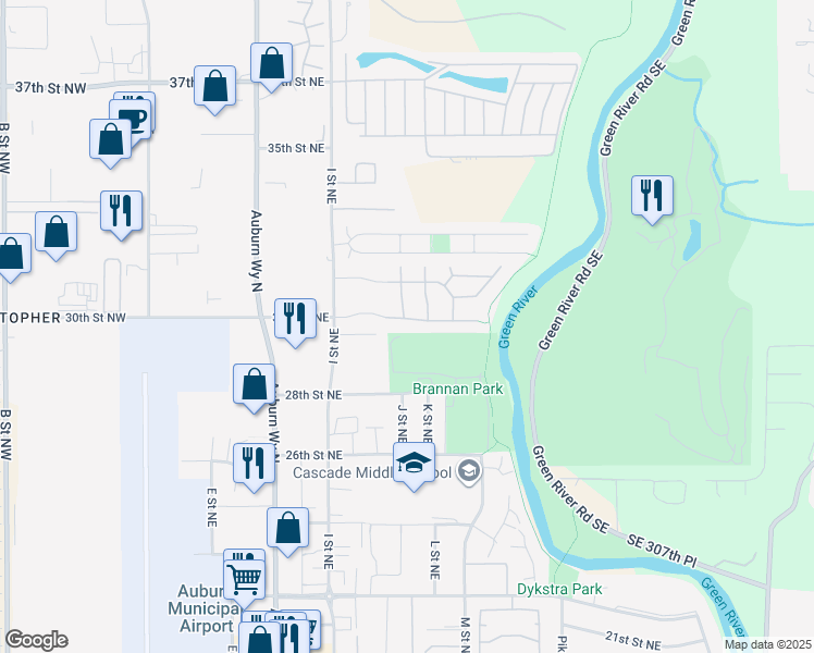 map of restaurants, bars, coffee shops, grocery stores, and more near 921 30th Street Northeast in Auburn