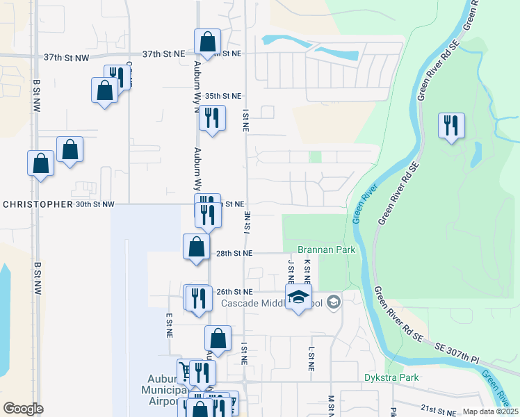 map of restaurants, bars, coffee shops, grocery stores, and more near 905 30th Street Northeast in Auburn