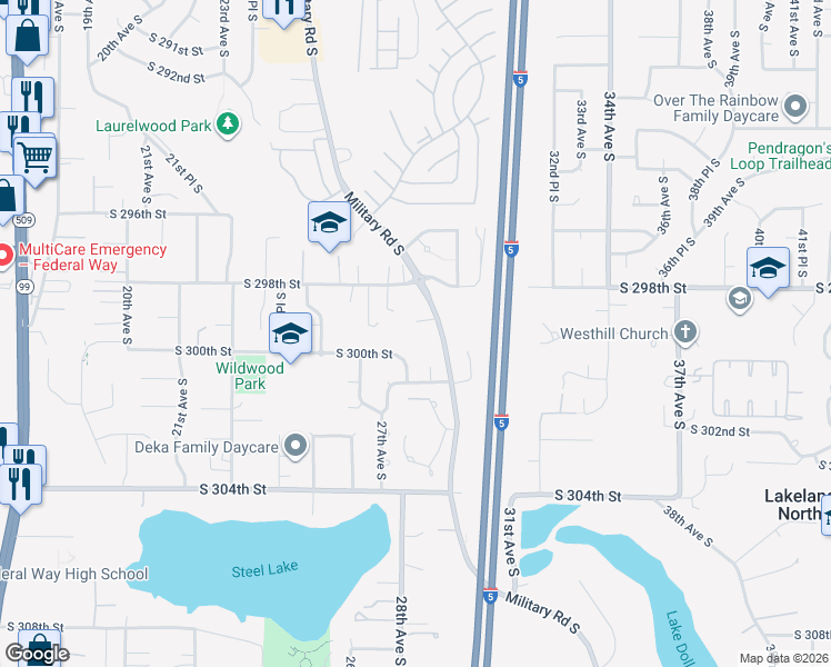 map of restaurants, bars, coffee shops, grocery stores, and more near 2815 South 299th Place in Federal Way