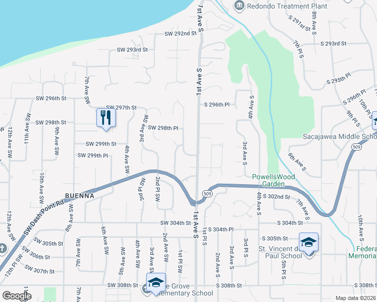 map of restaurants, bars, coffee shops, grocery stores, and more near 29904 2nd Avenue Southwest in Federal Way