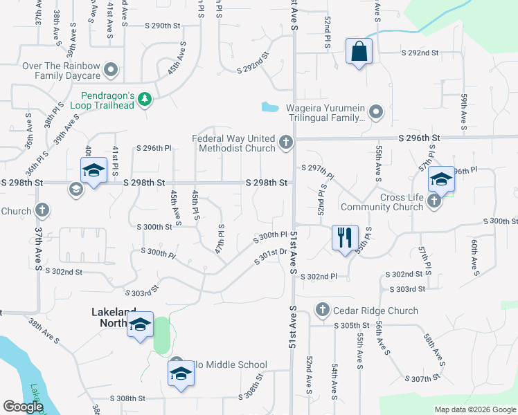 map of restaurants, bars, coffee shops, grocery stores, and more near 29906 49th Lane South in Auburn