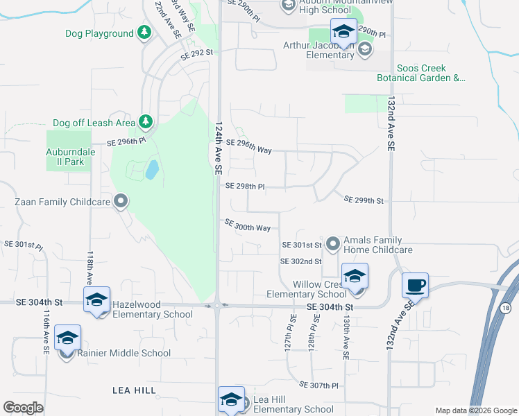 map of restaurants, bars, coffee shops, grocery stores, and more near 12530 Southeast 299th Place in Auburn