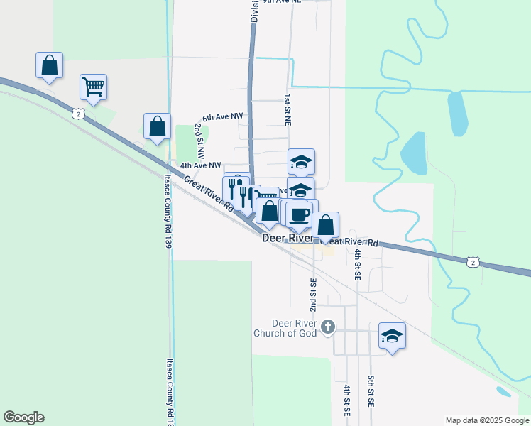 map of restaurants, bars, coffee shops, grocery stores, and more near 104 1st Avenue Northeast in Deer River