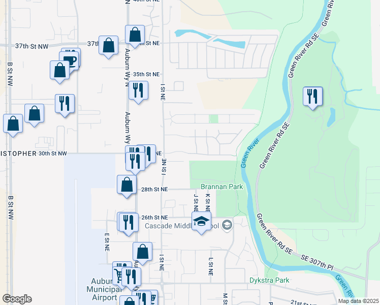 map of restaurants, bars, coffee shops, grocery stores, and more near 921 30th Street Northeast in Auburn