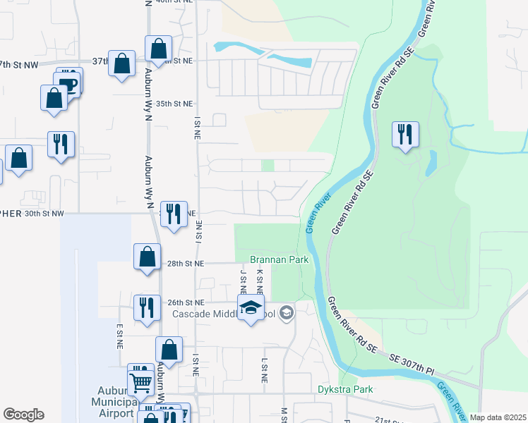 map of restaurants, bars, coffee shops, grocery stores, and more near 3004 L Street Northeast in Auburn