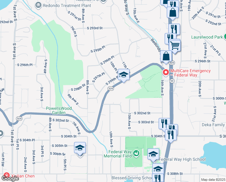 map of restaurants, bars, coffee shops, grocery stores, and more near 941 South Dash Point Road in Federal Way