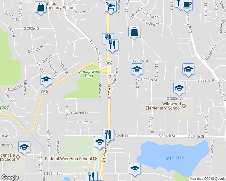 map of restaurants, bars, coffee shops, grocery stores, and more near 29854 18th Avenue South in Federal Way