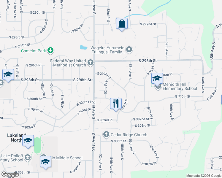 map of restaurants, bars, coffee shops, grocery stores, and more near 29766 53rd Avenue South in Auburn