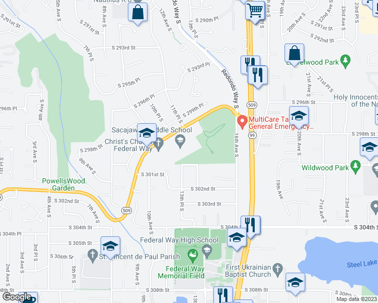 map of restaurants, bars, coffee shops, grocery stores, and more near 1101 South Dash Point Road in Federal Way