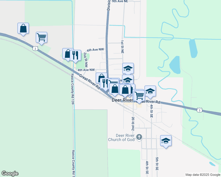 map of restaurants, bars, coffee shops, grocery stores, and more near 104 1st Avenue Northeast in Deer River