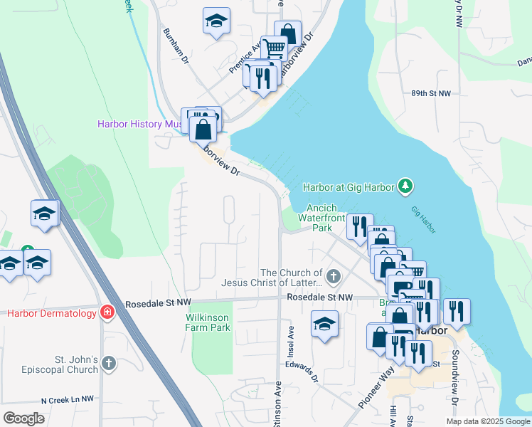 map of restaurants, bars, coffee shops, grocery stores, and more near 8317 Bayridge Avenue in Gig Harbor