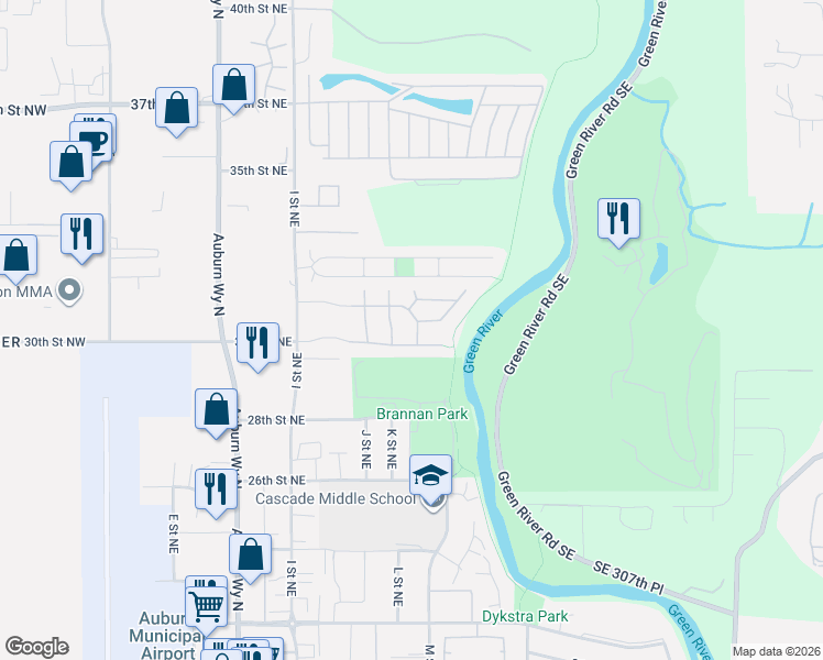 map of restaurants, bars, coffee shops, grocery stores, and more near 3004 L Street Northeast in Auburn