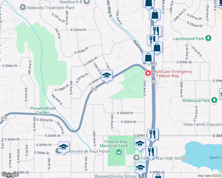 map of restaurants, bars, coffee shops, grocery stores, and more near 1300-1398 S 300th St in Federal Way