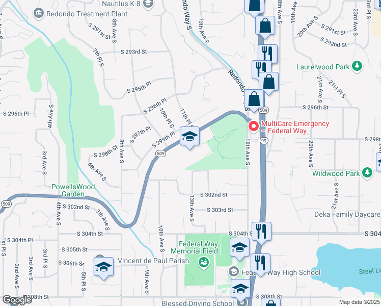 map of restaurants, bars, coffee shops, grocery stores, and more near 1101 South Dash Point Road in Federal Way